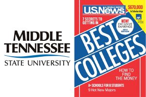 MTSU wordmark alongside the cover of the Sept. 12, 2012, U.S. News & World Report, featuring its 2013 “Best Colleges” list, which included MTSU in its “Best National Universities” ranking