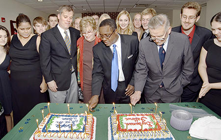 Nobel laureate Dr. James M. Buchanan, third from right, joins the celebration of the inaugural class of the Buchanan Fellows in this October 2007 file photo. (MTSU file photo by Jack Ross)