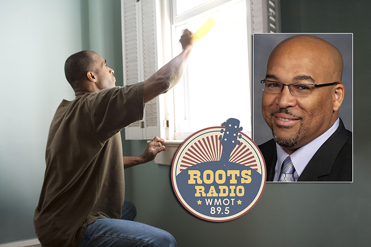 An African American man replaces a window in his home in this file photo from the Center for Disease Control’s Public Health Image Library. A photo of MTSU history professor Louis Woods and the logo for WMOT-FM are superimposed over the image. (photo courtesy of the Centers for Disease Control’s Public Health Image Library)