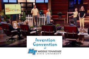 MTSU Invention Convention participant Maddox Prichard, second from right, now an eighth-grade student at Station Camp Middle School in Gallatin, Tennessee, presents his patented “Measuring Shovel,” a common-sense tool marked with depth measurements to make gardening more precise, to the "investors" on the ABC entrepreneurship reality show "Shark Tank" in an episode that aired in early November. Helping him, from left, are his dad, Jason; his sister, Brenna; and his mom, Amanda. (Photo courtesy of ABC/Disney)