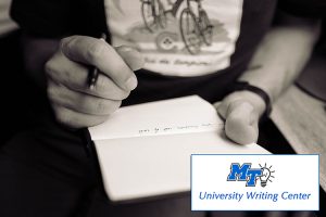 image of a person writing a letter with a pen and piece of paper, with the MTSU University Writing Center logo superimposed onto it. (Photo courtesy of Calum MacAulay/Unsplash)