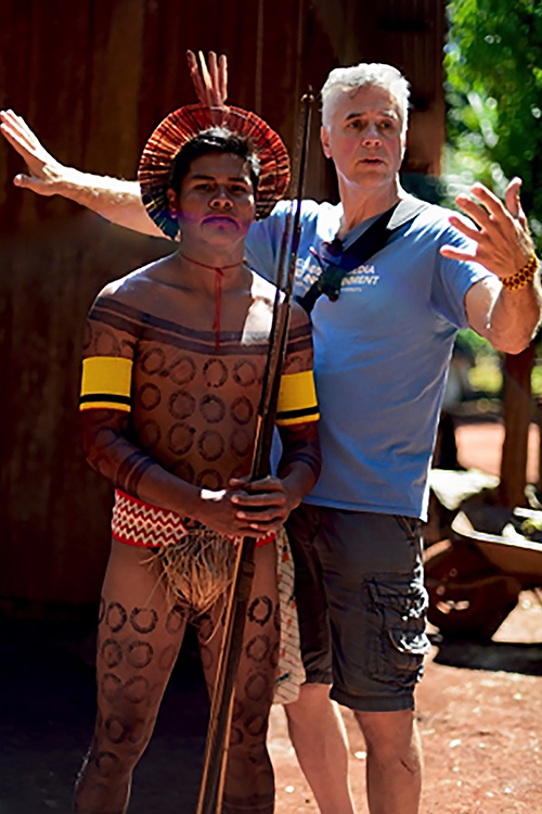 Paul Chilsen, right, video and film production professor in MTSU's Department of Media Arts, directs Takato Kayapó during filming of "Nhakpokti," the indigenous peoples' story of the descent of the Star Goddess and the origin of agriculture, in the Brazilian rain forest. The film, part of a July 2019 study-abroad project, helped the international filmmakers receive a grant from the National Geographic Society for an expanded effort, "Indigenous Filmmaker Warriors in Defense of Biocultural Conservation." (Photo courtesy of Glenn Shepard)