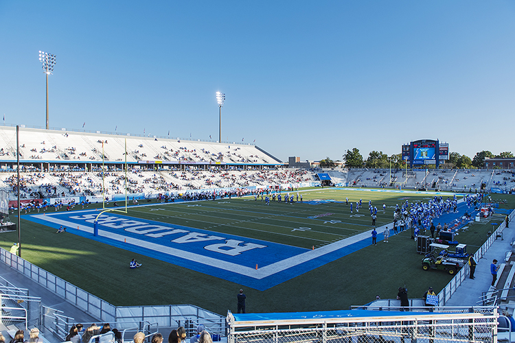 A socially distanced crowd in MTSU's Johnny "Red" Floyd Stadium watches the Blue Raiders on Horace Jones Field during a break in play at the 2020 homecoming football game against Western Kentucky in this October file photo. The university will honor its Class of 2020 graduates Saturday, Nov. 21, in MTSU's first in-person commencement ceremonies this year, giving graduating students and a limited number of their supporters a chance to be recognized for their accomplishments. (MTSU file photo by Andy Heidt)