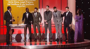 MTSU alumni Lecrae Moore and Torrance Esmond, left and second from left, accept the Best Contemporary Christian Music Performance/Song Grammy for "Messengers" Feb. 9 in Los Angeles with co-writers Ran Jackson of The Daylights, Joseph Prielozny, Kenneth Chris Mackey and Ricky Jackson of The Daylights and presenter Gloria Gaynor. (photo courtesy of Grammy.com)