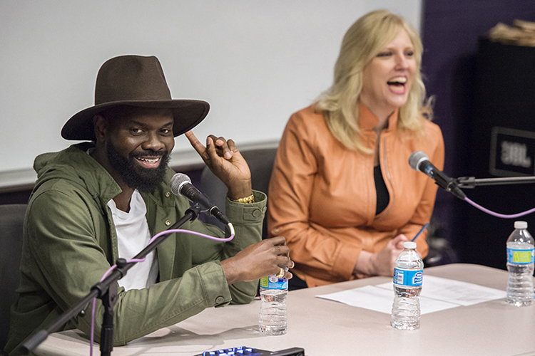MTSU alumnus Torrance Esmond, left, and Beverly Keel, chair of the Department of Recording Industry, react to a student's question during Esmond's return visit to campus March 3. Esmond, who’s known professionally as “Street Symphony,” and fellow former MTSU student Lecrae Moore co-wrote "Messengers,” winner of the Grammy for Best Contemporary Christian Music Performance/Song during last month’s 57th annual ceremonies in Los Angeles, for Moore’s newest release, “Anomaly.” (MTSU photo by Andy Heidt)