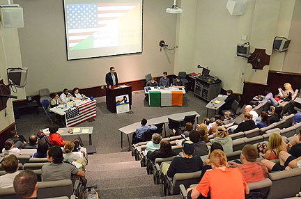 A nice crowd attended the April 1 exhibition debate between members of the MTSU Debate Team and three students from Ireland who won national debate competitions in their home country. The exhibition was held in the State Farm Lecture Hall of the Business and Aerospace Building.