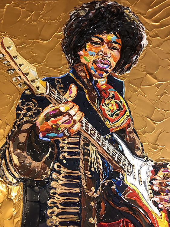 Nashville artist James Threalkill's acrylic on canvas image of rock legend Jimi Hendrix pays tribute to the musician's local ties, revolutionary impact on the music industry and vibrant persona. Threalkill is one of the artists included in new dual collaborative exhibits, 
