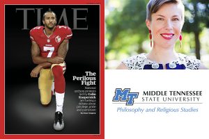 NFL player Colin Kaepernick on the cover of the Oct. 3, 2016, issue of Time magazine, with guest lecturer Dr. Erin C. Tarver, associate professor of philosophy at the Oxford College of Emory University, and the MTSU Department of Philosophy and Religious Studies logo