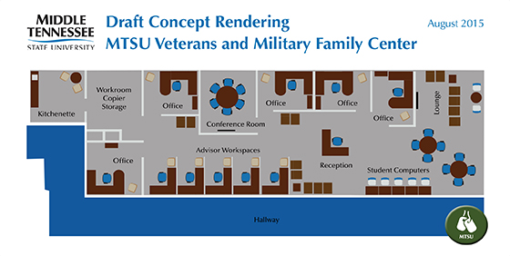 A graphic artist’s rendering of how space will be utilized in the 2,600-square-foot MTSU Veterans and Military Family Center on the first floor of Keathley University Center. (MTSU graphic by Creative and Visual Services)