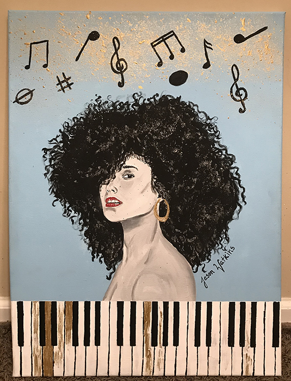 Nashville native and artist Jason A. Watkins, who's also an MTSU freshman majoring in speech-language pathology and audiology, offers his interpretation of multi-Grammy-winning musician Alicia Keys in this acrylic on canvas, "Unthinkable." Watkins is one of the artists included in new dual collaborative exhibits, "Collective Memories: Creative Expressions Through Contemporary Art” and “Words to Live By," on display at MTSU's Todd Art Gallery Oct. 24-Nov. 21. (image courtesy of Jason A. Watkins)