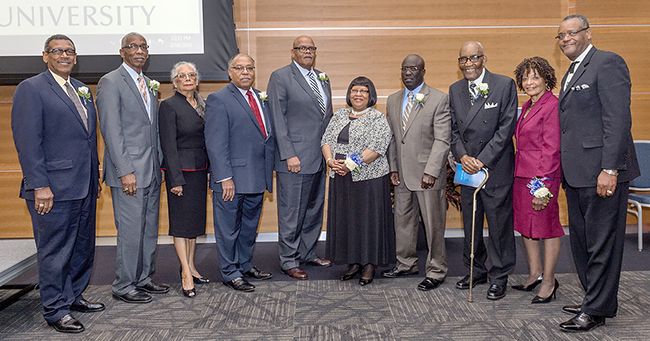 The 2016 honorees at MTSU's annual Unity Luncheon are, from left to right, Joe Herbert, the Rev. Robert D. James Sr., Marva Hudspeth, the Rev. H. Bruce Maxwell, Ray Fite, Jo Anne Gaunt, Trailblazer Award recipient Cumbey Gaines, Russell D. Merriweather, Florine Ratliff and Albert Nelson. 