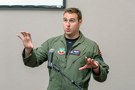 U.S. Air Force F-22 Raptor demonstration pilot DJ Foss explains about the speed and power of the aircraft appearing at the Great Tennessee Airshow June 4-5 in Smyrna, Tennessee. The Raptor team spoke at MTSU June 3.