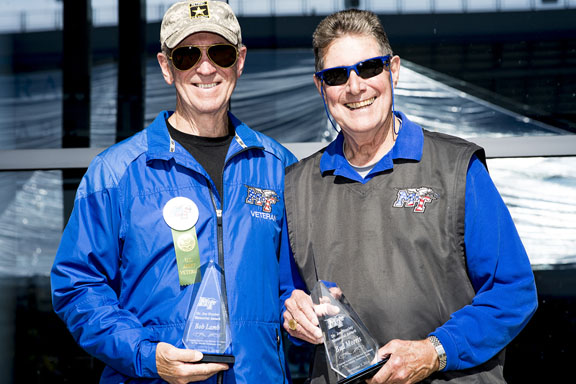 Longtime friends and MTSU alumni Bob Lamb, left, and Bud Morris share the limelight as 2016 Joe Nunley Sr. Award winners. They were recognized Saturday (Nov. 5) after the Salute to Veterans and Armed Services picnic as part of game-related activities to honor veterans. (MTSU photo by Eric Sutton)