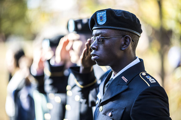 A member of the MTSU ROTC cadet corps stands at attention during the formal ceremony as part of Salute to Veterans and Armed Services events Nov. 5 outside the Tom H. Jackson Building. (MTSU photo by Eric Sutton)