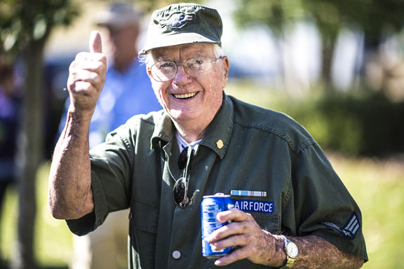 A U.S. Air Force veteran gives a thumbs up, showing his enjoyment during picnic activities for the 35th annual MTSU Salute to Veterans and Armed Services game Nov. 5. (MTSU photo by Eric Sutton)
