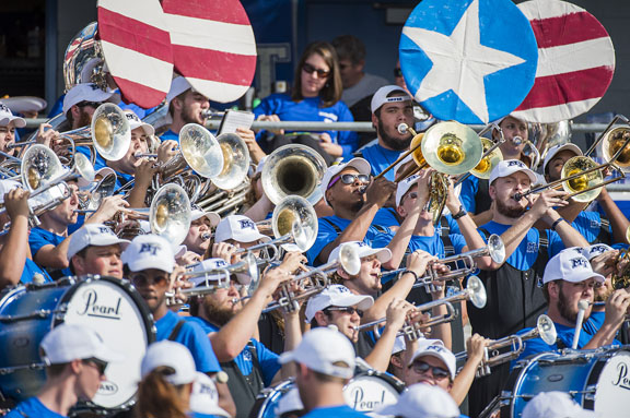 MTSU Band of Blue plays each U.S. military branch’s song as veterans and active duty members walk onto the field at Floyd Stadium at halftime of the MTSU vs. University of Texas-San Antonio game Saturday, Nov. 5, as part of the MTSU Salute to Veterans and Armed Services. (MTSU photo by Kimi Conro)