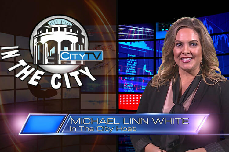 In this screen capture, MTSU alumna Michael Linn White, the new host of Murfreeboro CityTV’s “In the City” program, is shown during the taping of the January program. White a 2017 graduate of MTSU with a bachelor’s degree concentrating in multimedia journalism. (Photo courtesy of the city of Murfreesboro)