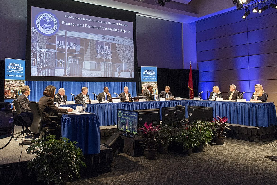 The MTSU Board of Trustees go through their agenda during their March 27 quarterly meeting in the MTSU Student Union Ballroom. (MTSU photo by Andy Heidt)
