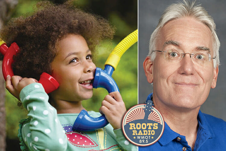 Child using “talking tubes” telephone toy and MTSU psychology professor Tom Brinthaupt, plus WMOT Roots Radio logo, to illustrate “MTSU On the Record” program on self-talk