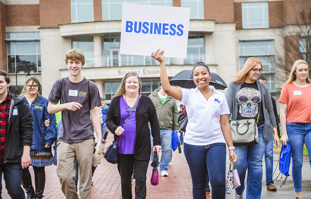 Prospective students considering the Jones College of Business tour the MTSU campus in February 2018 during a visit day for prospective students and their families. The first of two True Blue Preview days this fall will be Saturday, Sept. 21. (MTSU file photo by Kimi Conro)