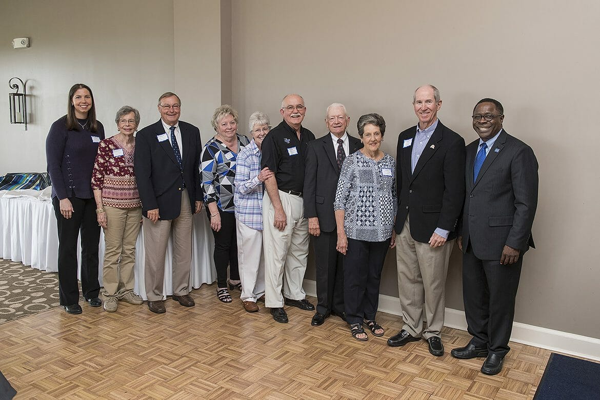 MTSU hosted the sixth annual 1911 Society Luncheon on April 6 at Stones River Country Club in Murfreesboro. Pictured, from left, are Signal Society 40-plus-year donors Jamie and Joyce Waller; Andy and Cherry Womack; Velma and Wayne Rollins; Wallace and Carolyn Maples; Bob Lamb; and MTSU President Sidney A. McPhee. (MTSU photo by Andy Heidt)