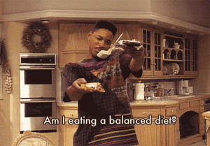 Will smith balances two plates, asking "Is this a balanced diet?"