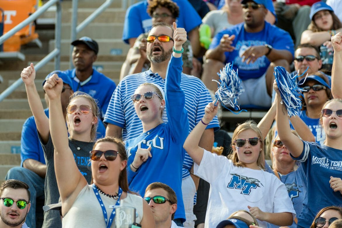 Blue Raider fans cheer on MTSU Football in Floyd Stadium. Photo by J. Intintoli.