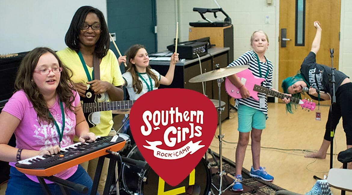 A group of young rockers rehearse a song as one of their camp counselors listens proudly at the 2017 Southern Girls Rock Camp at MTSU. This year’s camp, the 16th annual gathering, is set July 23-28 at the Wright Music and Saunders Fine Arts buildings. (File photo courtesy of Southern Girls Rock Camp)