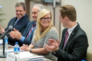 Lindsey Weaver honored for her service as the inaugural student trustee member at the Summer 2018 Board of Trustees Meeting in the Miller Education Center. Photo by J. Intintoli.