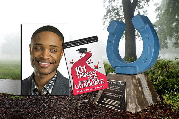 promo featuring speaker Jullien Gordon and his “101 Things to Do Before You Graduate” book cover with MTSU’s Blue Horseshoe in Walnut Grove