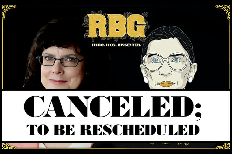 canceled screening promo illustration using “RBG” movie poster with drawing of Justice Ruth Bader Ginsburg and photo of co-director Julie Cohen