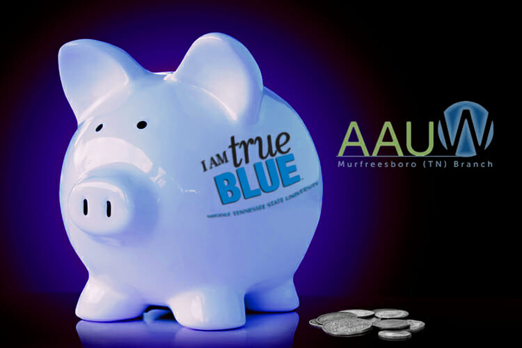 MTSU True Blue piggy bank with AAUW logo for scholarships