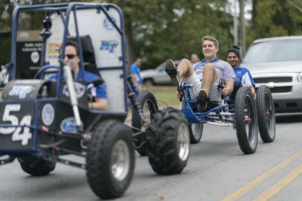 The in-person MTSU Homecoming Parade returns in 2021. It will be held starting at 10 a.m. Saturday, Oct. 30.Entries may include MTSU Engineering Technology experimental vehicles. (MTSU file photo by Creative Marketing Solutions)