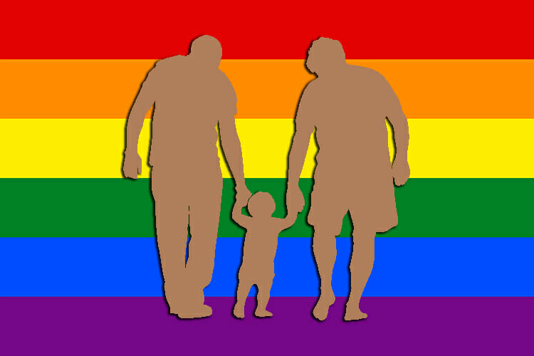silhouette of two men holding hands with a small child between them, superimposed over the rainbow gay pride flag (illustration compiled from Pixabay images)