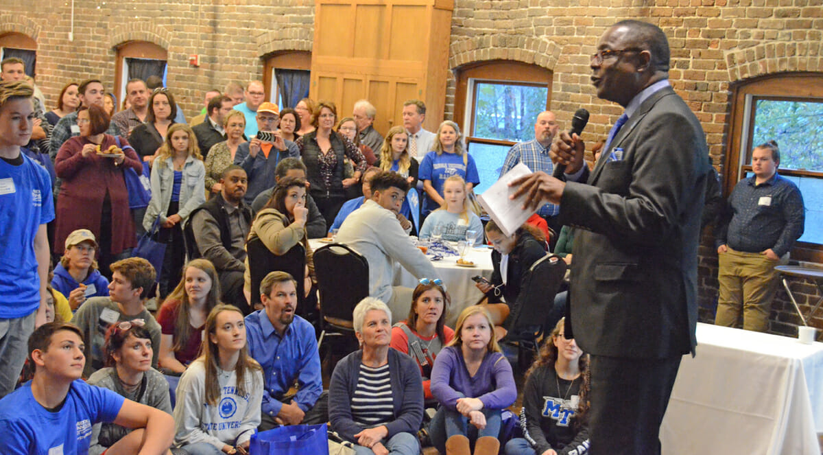 MTSU President Sidney A. McPhee addresses Knoxville crowd.