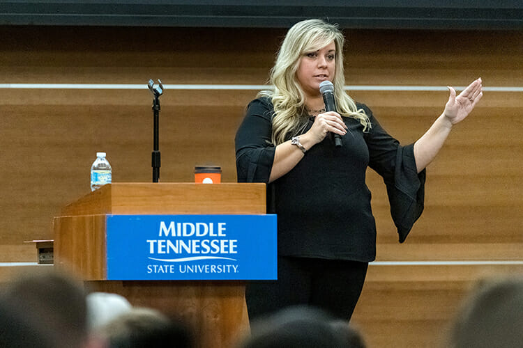 Erica Rains, an MTSU alumna and co-founder of Nashville-based The Chef and I, gives remarks Nov. 13 in the MTSU Student Union Ballroom during Global Entrepreneurship Week activities hosted by the Jones College of Business. (MTSU photo by Andy Heidt)