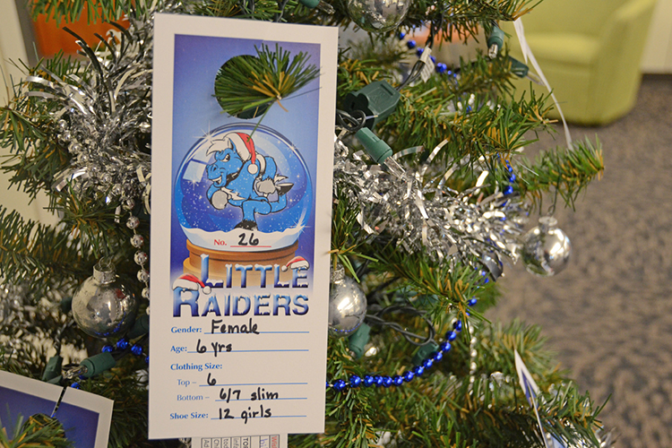 This Little Raiders ornament is among those hanging on three trees across campus supporting the "Little Raiders" gift-giving campaign. Secret Santas can pick an ornament to "adopt" a local child's Christmas wish list. (MTSU file photo by Jimmy Hart)