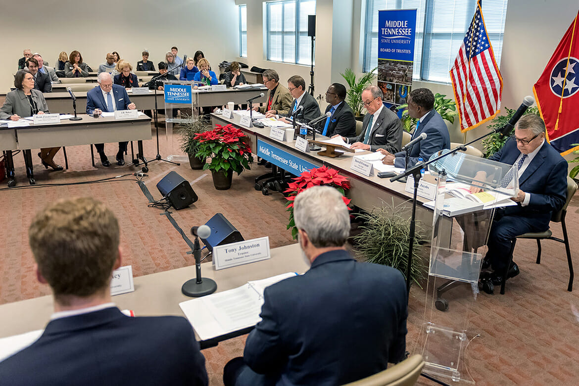 Members of the MTSU Board of Trustees go through their agenda during the Tuesday, Dec. 11, quarterly meeting inside the Miller Education Center on Bell Street. (MTSU photo by J. Intintoli)