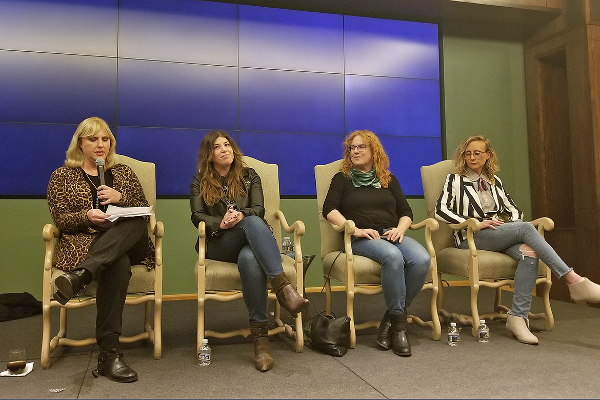 From left, Change the Conversation co-founder and MTSU recording industry chair Beverly Keel moderates a panel featuring Marissa Moss, Ann Powers and Jewly Hight on Tuesday, Jan. 22, at BMI in Nashville, Tenn. (Photo courtesy of Change the Conversation)