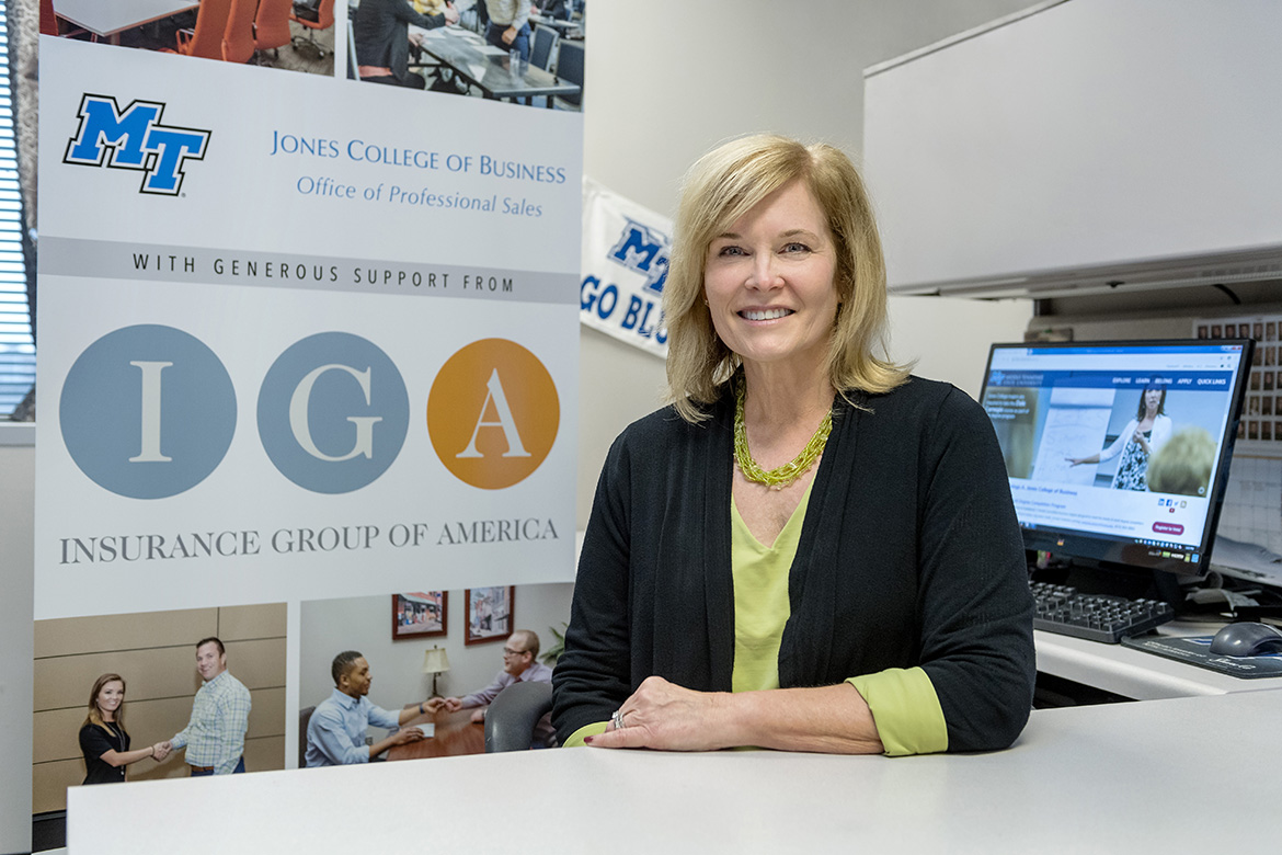 Jones College of Business marketing instructor Laura Buckner, director of the IGA Office of Professional Selling and coordinator of Marketing Internship Program, is shown at the office inside the Business and Aerospace Building. (MTSU photo by J. Intintoli)