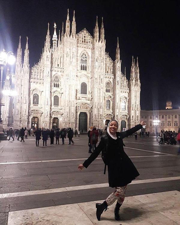 MTSU design alumna and Project Runway runner-up Ayana Ife poses at the Milan Cathedral in Milan, Italy, in this Jan. 21 from her Instagram account. She’s in Milan to begin graduate study at the Milano Fashion Institute. (Photo courtesy of Ayana Ife)