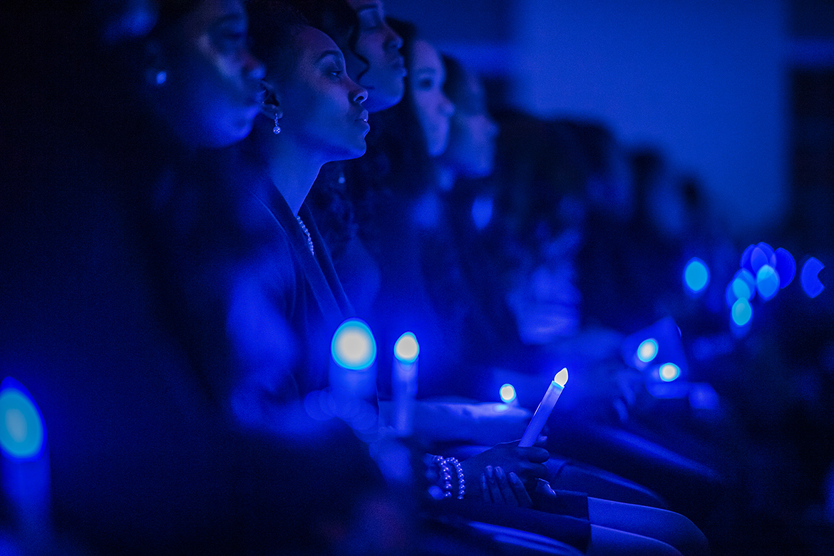 Members of Alpha Kappa Alpha sorority reflect on the life of Dr. Martin Luther King Jr. during MTSU’s 2019 MLK Candlelight Vigil held Monday night inside the Student Union Ballroom. (MTSU photo by Eric Sutton)