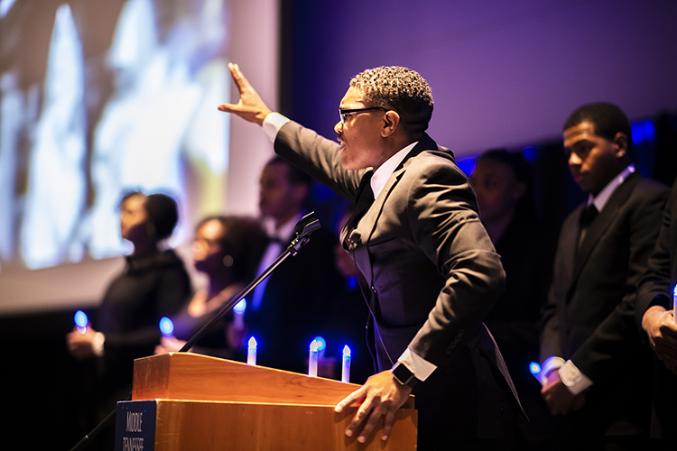 Motivational speaker Anthony Burton recites portions of the “I Have a Dream” speech at MTSU’s 2019 MLK Candlelight Vigil held Monday night inside the Student Union Ballroom. (MTSU photo by Eric Sutton)