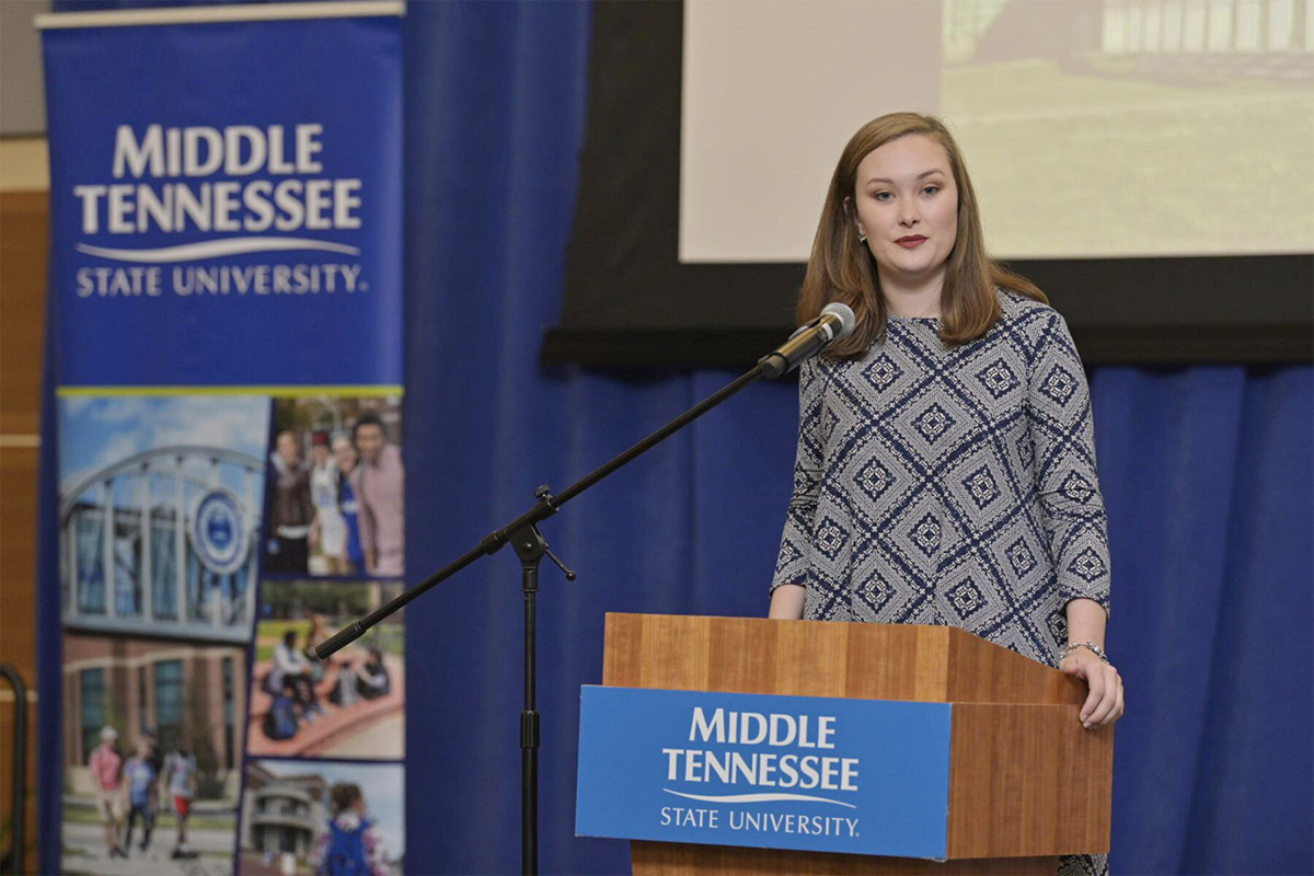 MTSU junior biology major Emily Oppmann tells the 360 prospective students about being involved at the university … “and I hope you leave excited about the opportunities that await you when you return.” Oppmann spoke during the annual Honors College Presidents Day Open House Feb. 18 in the Student Union Ballroom. (MTSU photo by Andy Heidt)