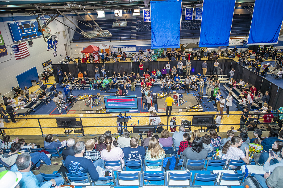 The crowd attending the February 2019 TNFIRST FTC Robotics Regional in Alumni Memorial Gym views the action on the court as the event continued. Thirty teams and more than 200 students will compete Saturday, Feb. 8, in AMG and Voorhies Engineering Technology Building competition rooms. (MTSU file photo by Eric Sutton)