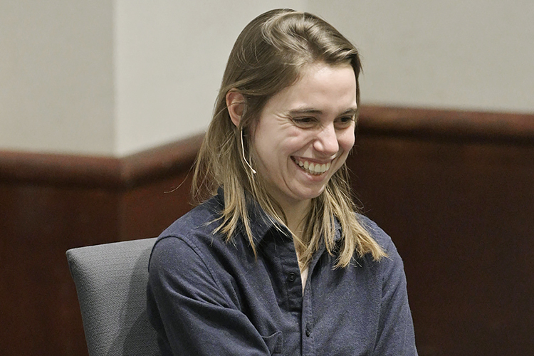 Acclaimed singer-songwriter Julien Baker, a former MTSU student, laughs during a conversation with her former adviser, English professor Jimmie Cain, March 19 during Baker's return visit to campus as part of the College of Media and Entertainment's Tom T. Hall Writers Series. Baker, who majored in English and minored in secondary education and Spanish with an eye toward teaching, began writing songs her freshman year at MTSU, and those songs ultimately became her debut studio album, 