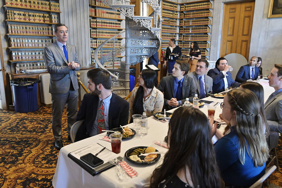 Tennessee Speaker of the House Glen Casada, who represents Williamson County, addresses part of the group of 11 MTSU interns working during the current legislative session at the Tennessee State Capitol in Nashville March 12 at an MTSU and Nissan USA-sponsored luncheon. Casada thanked the students for their work. (MTSU photo by Andy Heidt)