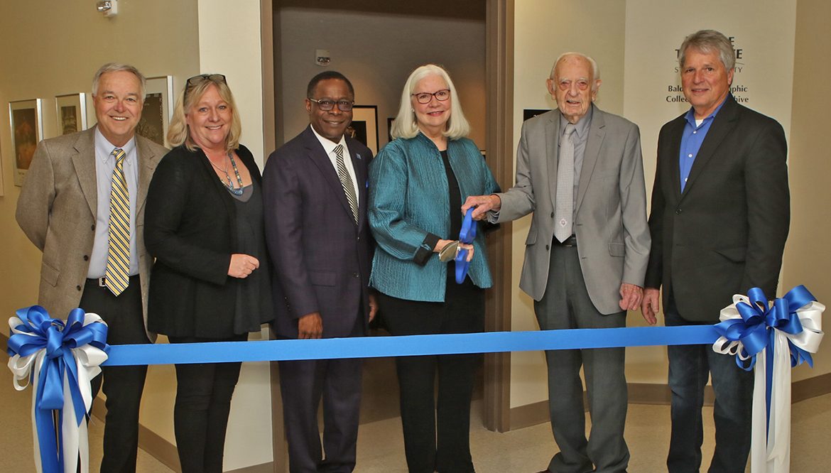 MTSU hosted a March 20 ribbon-cutting for the new Baldwin Photographic Collection and Archive on the second floor of the Miller Education Center on Bell Street. Pictured, from left, Ken Paulson, dean of the College of Media and Entertainment; Baldwin Photographic Gallery curate Jackie Heigle; MTSU President Sidney A. McPhee; Mary Alice Rouslin, widow of longtime gallery curator and professor Tom Jimison; Professor Emeritus Harold Baldwin; and Department of Media Arts Chair Billy Pittard. (MTSU photo by James Cessna)