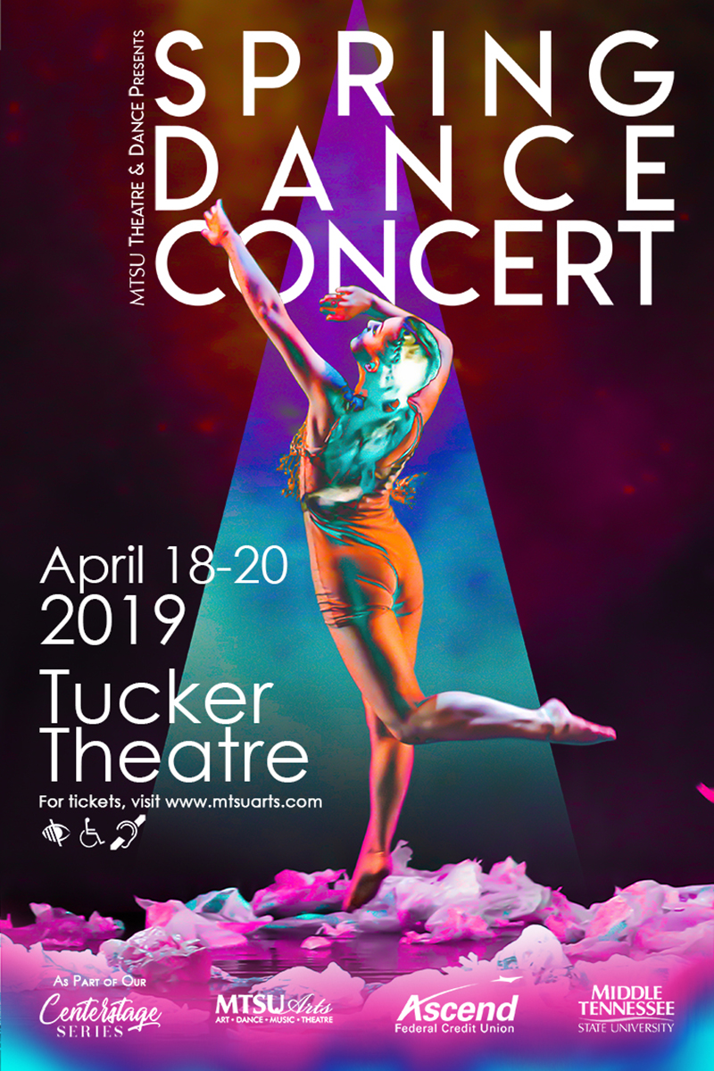 MTSU Dance Theatre will present its Spring Dance Concert 2019 in the university’s Tucker Theatre Thursday-Saturday, April 19-20, beginning at 7:30 each evening. Tickets are $10 for adults and $5 for K-12 students and seniors and are available at http://www.mtsuarts.com. MTSU students will be admitted free with a valid ID.