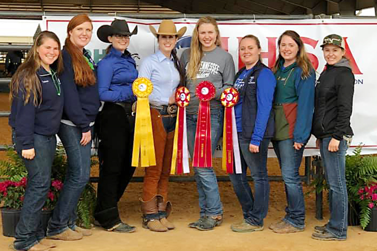 MTSU Equestrian Team members and coaches pose for a group photo after the Intercollegiate Horse Shows Association semifinals in Ocala, Fla., in March. Four team members will be in Syracuse, N.Y., this weekend, May 2-5, for the ISHA National Championships. From left are team member Kylie Smalls, Equestrian Team coach Ariel Herrin, team members Jenna Seal, Mary Catherine Wade, Kailey Vande Kamp, Kaylee Hayes, MTSU Stock Horse Team coach Andrea Rego and Equestrian Team member Sarah Kozuszek. (Photo submitted by Andrea Rego)